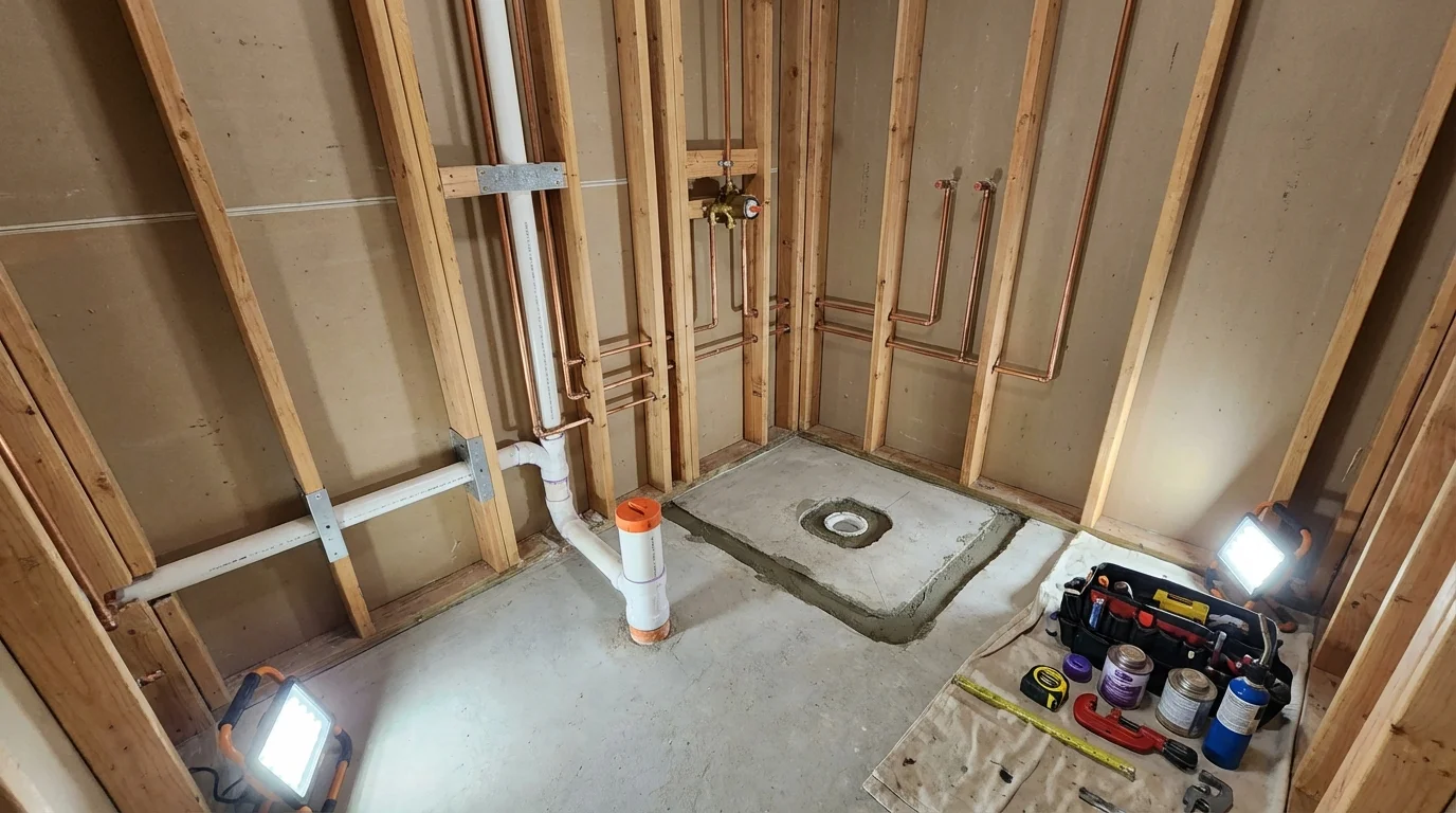 Bathroom rough-in plumbing during remodel by Johns Plumbing LLC in Fate