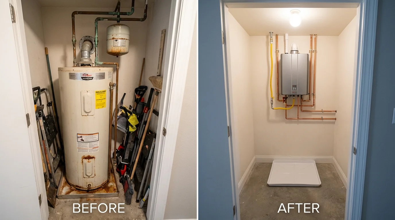 Tank water heater versus wall-mounted tankless unit comparison for Fate, TX homeowners