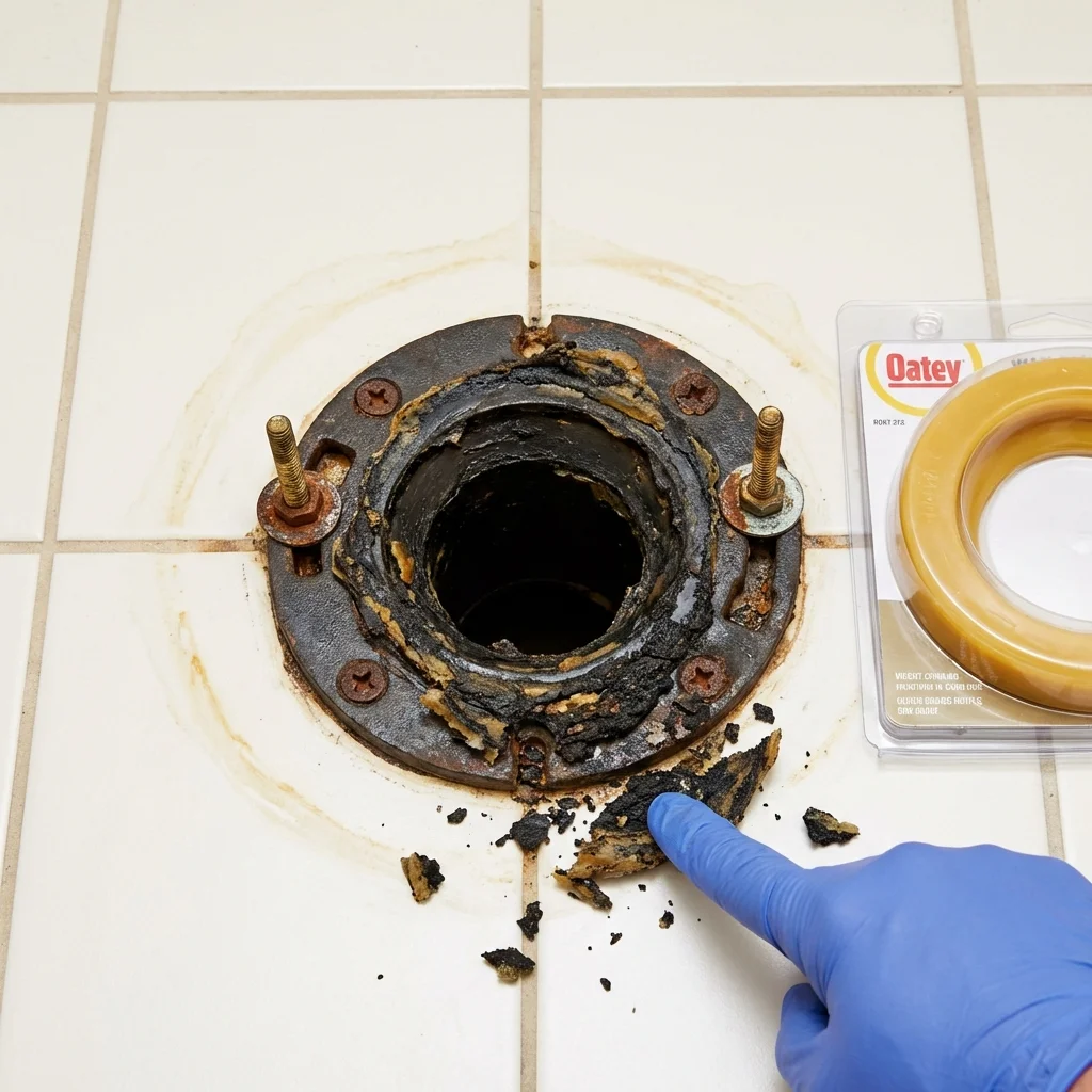 Failed wax ring showing water seepage at the base of a toilet in a Fate, TX home