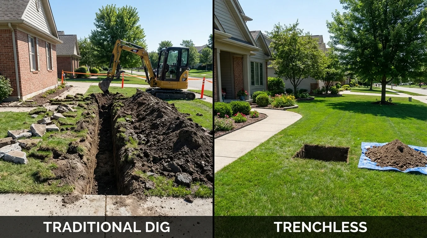 Trenchless sewer repair with minimal yard damage versus traditional excavation in Fate, TX
